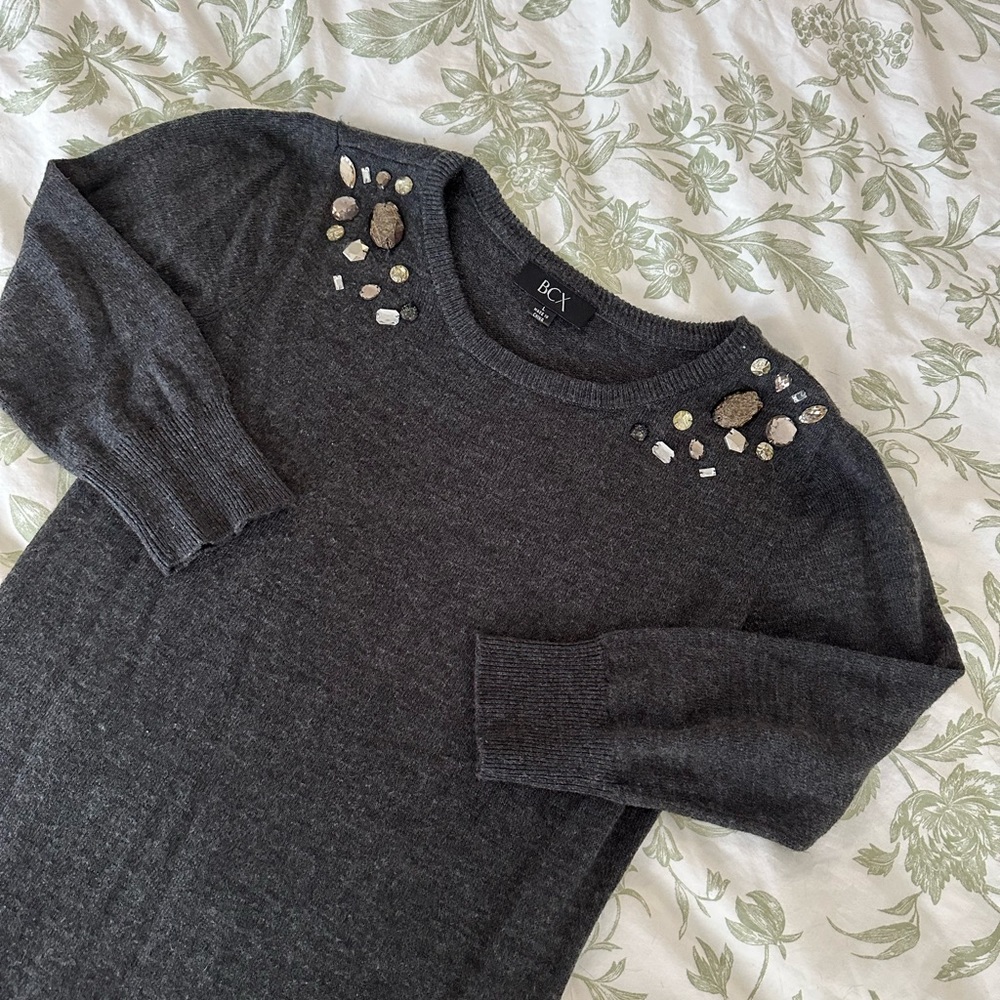 Long sleeve sweater dress with beaded detail on shoulders